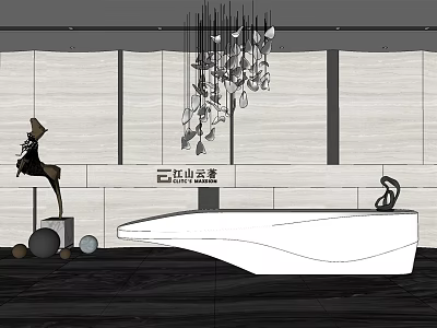 Modern Front Desk Reception Interior With Curved White Desk Hanging Sculptural Chandelier And Decorative Sculptures 3d model