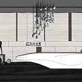 Modern Front Desk Reception Interior With Curved White Desk Hanging Sculptural Chandelier And Decorative Sculptures