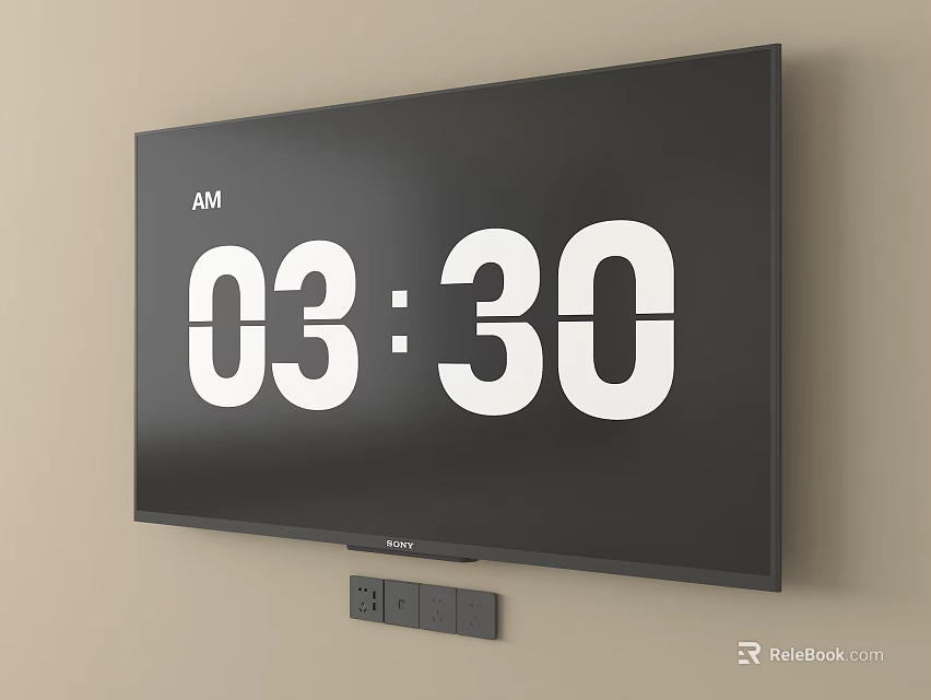 Sony Wall Mounted TV Displaying 0330 AM Digital Time On Screen 3d model