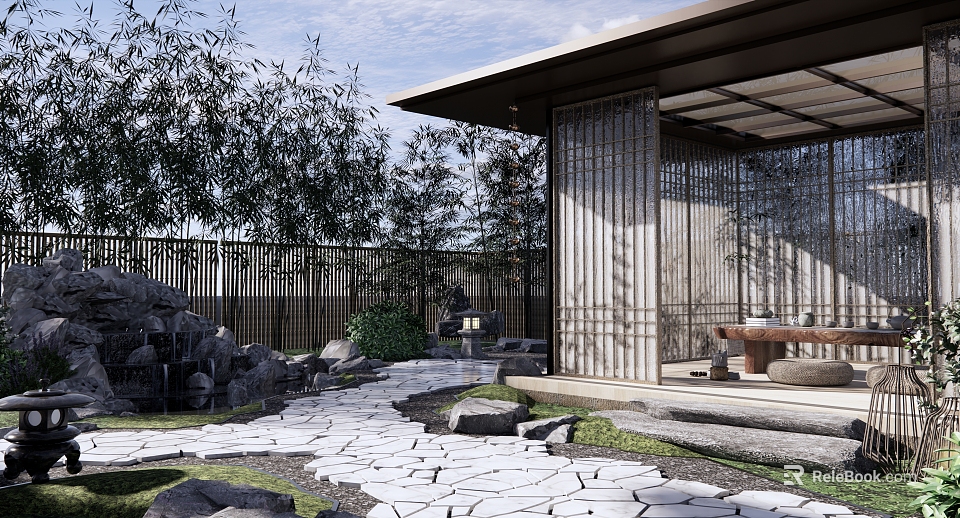 Rockery Stones in Modern Garden Landscape with Cracked Stone Path and Bamboo Trees 3d model 