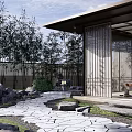 Rockery Stones in Modern Garden Landscape with Cracked Stone Path and Bamboo Trees
