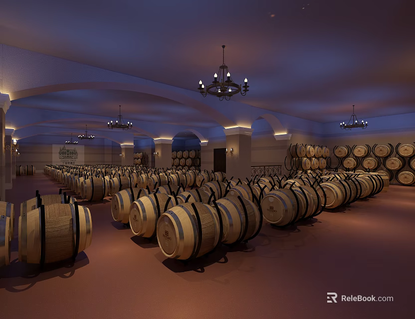 Wine Barrel Specialty Store With Arched Ceiling Chandeliers And Neatly Arranged Barrels 3d model 