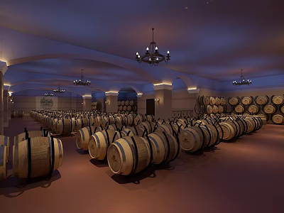 Wine Barrel Specialty Store With Arched Ceiling Chandeliers And Neatly Arranged Barrels 3d model