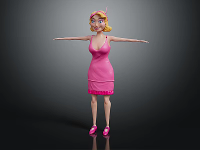3D Female Character in Pink Dress with Headband and Outstretched Arms 3d model