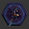 Orange Haired Game Character In Purple Blue Outfit Holding Dual Swords On Glowing Hexagonal Base