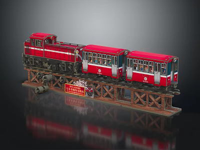 Red Train Model With Two Carriages On Wooden Stand And Red Plaque 3d model