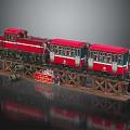 Red Train Model With Two Carriages On Wooden Stand And Red Plaque 3d model