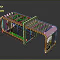 Modern Bus Stop Shelter With Transparent Glass Panels Yellow Frame Seats And Advertising Billboard
