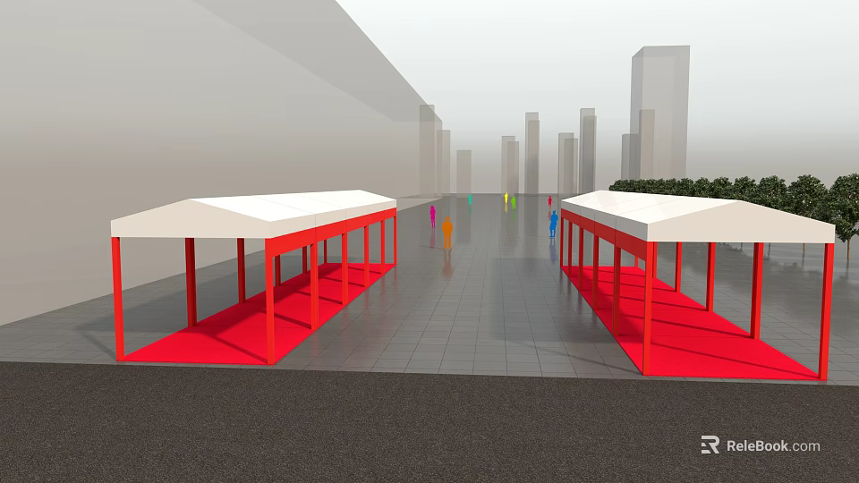 Red Framed White Roof Tents in Urban Setting with Red Carpets and Pedestrians 3d model 