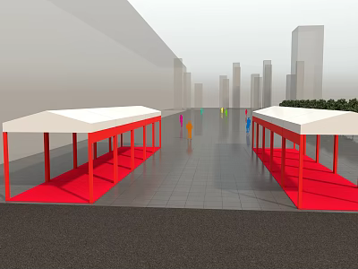 Red Framed White Roof Tents in Urban Setting with Red Carpets and Pedestrians 3d model