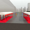 Red Framed White Roof Tents in Urban Setting with Red Carpets and Pedestrians