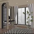 Modern Dressing Table with Mirror Table Lamp Stool by Window Blinds Curtains and Potted Plant