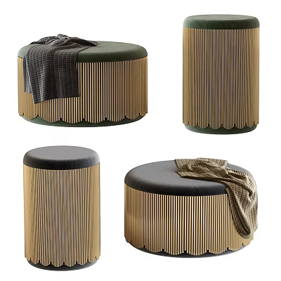 Modern Round Ottomans With Striped Design And Blankets 3d model