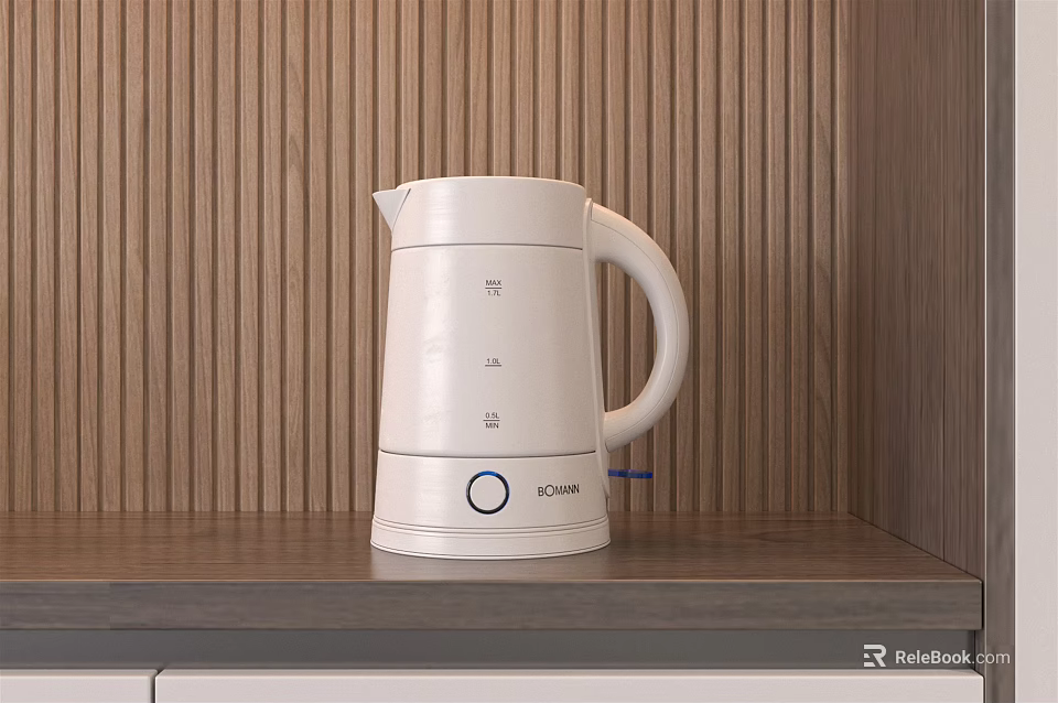 White Poliviar Electric Kettle On Wooden Texture Countertop For Modern Kitchen Use 3d model 