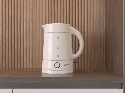 White Poliviar Electric Kettle On Wooden Texture Countertop For Modern Kitchen Use 3d model