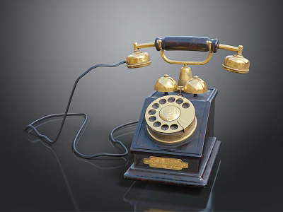 Vintage Household Telephone With Retro Design Gold Accents Rotary Dial Black Body And Telephone Line 3d model
