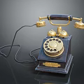 Vintage Household Telephone With Retro Design Gold Accents Rotary Dial Black Body And Telephone Line