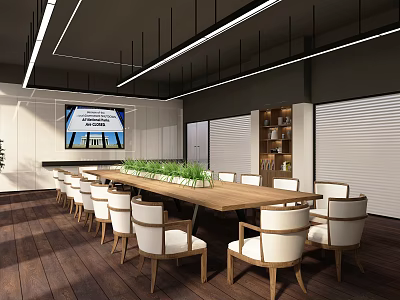 Modern Conference Room Interior With Long Wooden Table White Chairs Green Plants And Large Screen 3d model