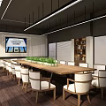 Modern Conference Room Interior With Long Wooden Table White Chairs Green Plants And Large Screen