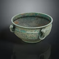 Ancient Style Ceramic Vessel With Turquoise Green Glaze And Two Animal Head Handles