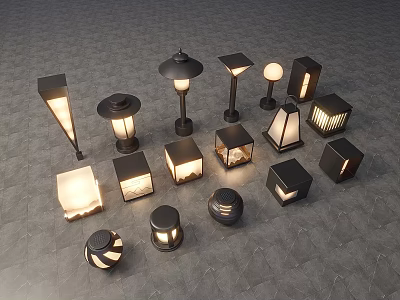 Various Outdoor Lights With Stylish Designs And Different Illumination Effects 3d model