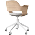 Modern Office Chair With Wooden Armrests Grey Fabric Seat And White Caster Base