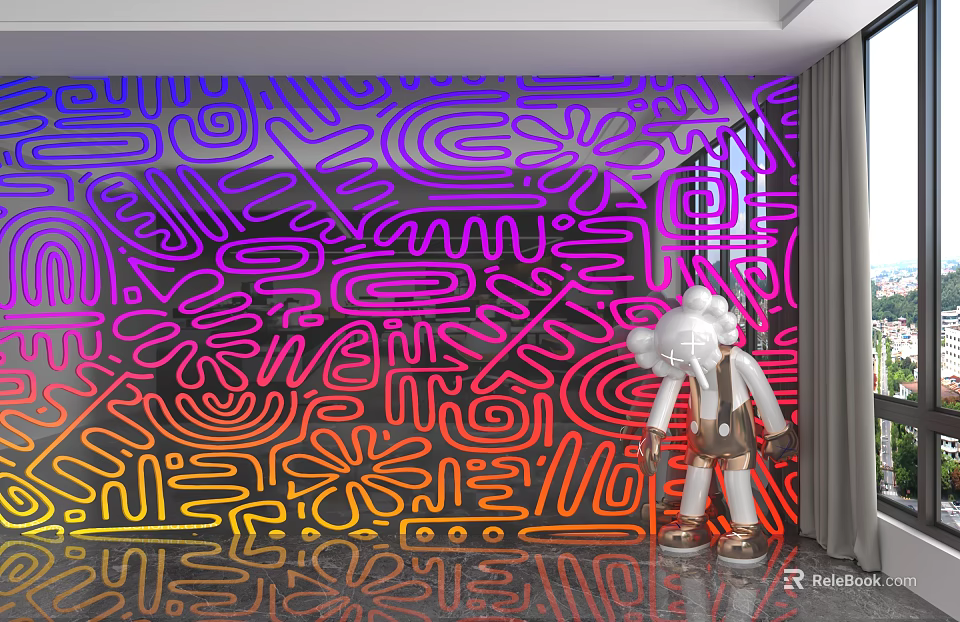 Colorful Line Patterns Feature Wall In Purple Pink Red Yellow With White Doll Figure 3d model 