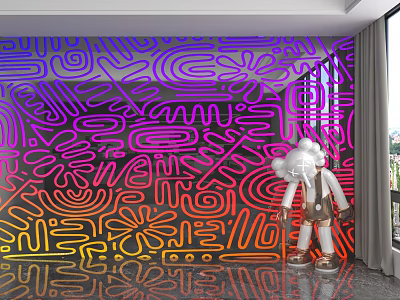 Colorful Line Patterns Feature Wall In Purple Pink Red Yellow With White Doll Figure 3d model