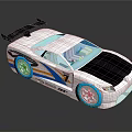 White Toy Race Car With Blue Orange Stripes Black Spoiler And Blue Wheels