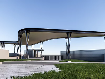 Modern Entrance Gate With Curved Canopy Metal Columns Grass And Paved Area 3d model
