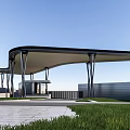 Modern Entrance Gate With Curved Canopy Metal Columns Grass And Paved Area