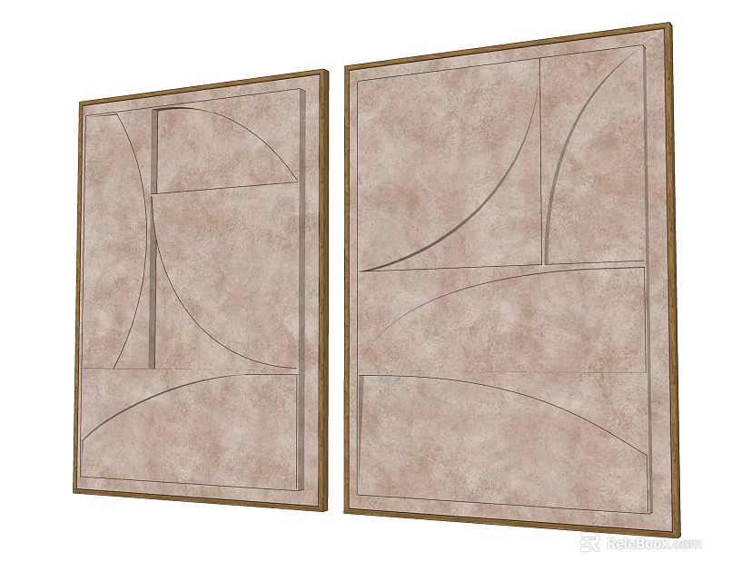 Two Abstract Paintings With Light Brown Background And Geometric Lines In Wooden Frames 3d model 