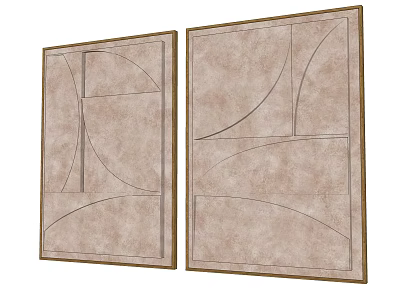Two Abstract Paintings With Light Brown Background And Geometric Lines In Wooden Frames 3d model
