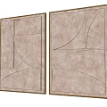 Two Abstract Paintings With Light Brown Background And Geometric Lines In Wooden Frames