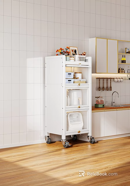 White Kitchen Storage Cabinet Rack On Wheels With Multi layer Shelves And Storage Baskets 3d model