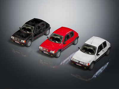 Three Small Car Models in Black Red White Colors Displayed on Shiny Reflective Surface 3d model