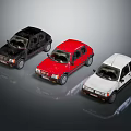 Three Small Car Models in Black Red White Colors Displayed on Shiny Reflective Surface