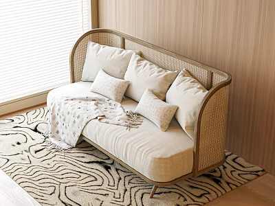 Two Seater Sofa With Wicker Frame Beige Cushions White Pillows And Zebra Pattern Rug 3d model