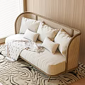 Two Seater Sofa With Wicker Frame Beige Cushions White Pillows And Zebra Pattern Rug