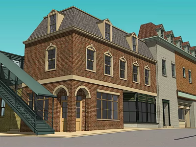 Two Story Brick Building With Arched Doorways Gray Roof And Street Side Windows 3d model