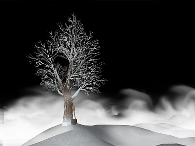 Leafless Arbor Standing On Snowy Ground Against Black Background With Mist 3d model
