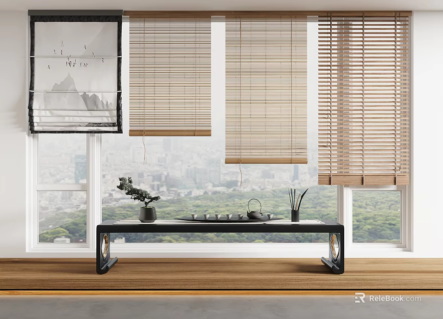 Wooden and Bamboo Curtain Blind Styles by Window with City View Tabletop Plant Tea Set 3d model 