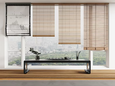 Wooden and Bamboo Curtain Blind Styles by Window with City View Tabletop Plant Tea Set 3d model
