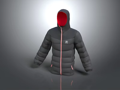 Gray Hooded Puffer Jacket With Red Lining Zipper And Chest Logo 3d model