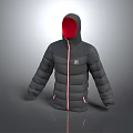 Gray Hooded Puffer Jacket With Red Lining Zipper And Chest Logo 3d model
