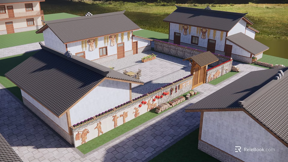 Traditional Rural Self Built House With Tile Roof Courtyard And Decorative Wall Paintings 3d model 