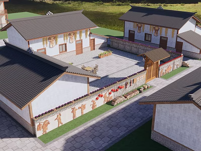 Traditional Rural Self Built House With Tile Roof Courtyard And Decorative Wall Paintings 3d model