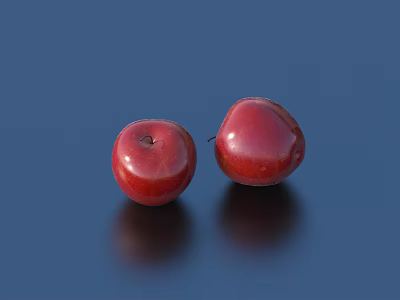Two Shiny Smooth Fresh Red Apples On Dark Blue Background With Reflection 3d model
