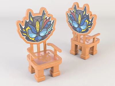 Kids Chair With Cartoon Animal Head Backrest Colorful Details Wooden Light Brown Frame Fun Design 3d model