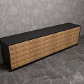 Wooden TV Stand With Diamond Pattern Surface Against Floral Wallpaper And Marble Floor